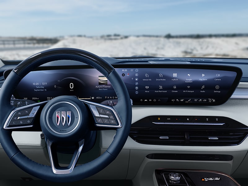 Driver's view of the steering wheel on the 2025 Buick Enclave.