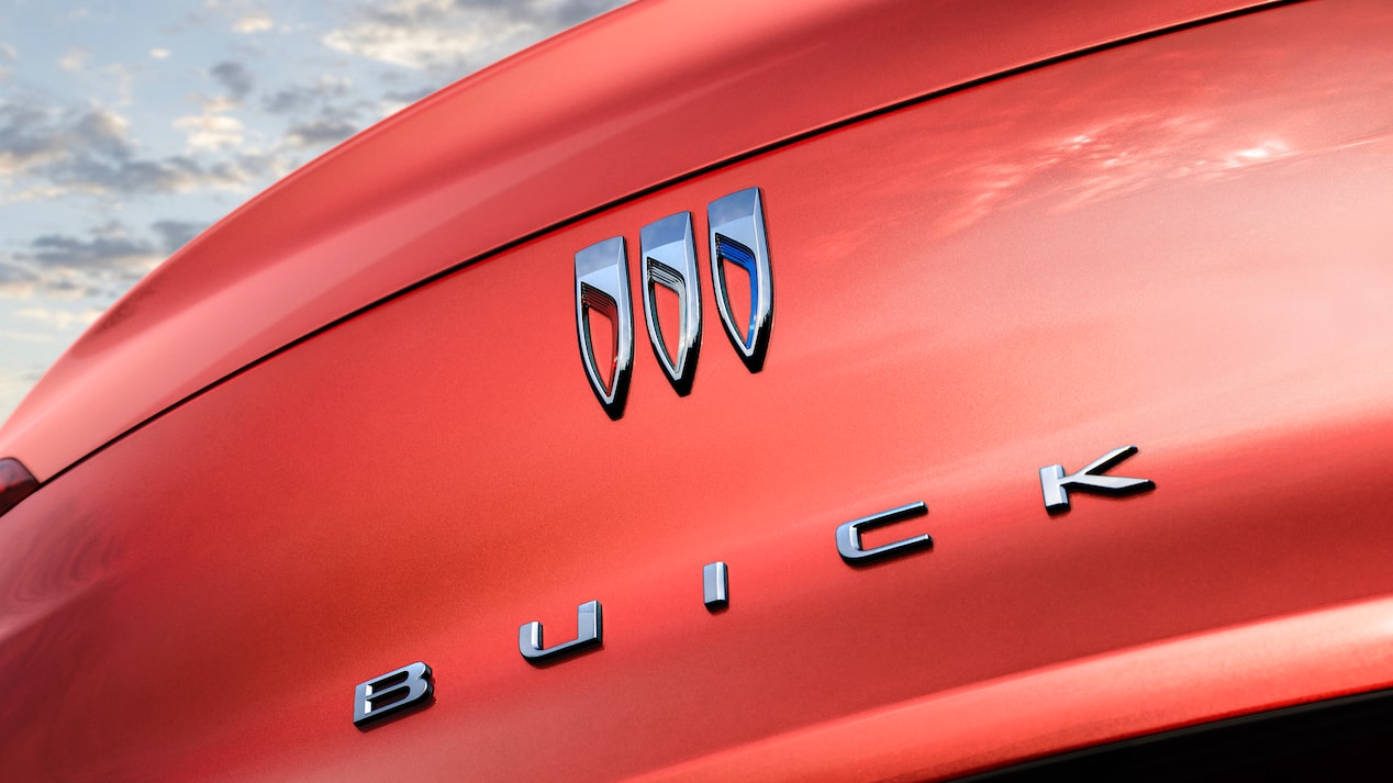 Close-up shot of the 2024 Buick Envista ST rear Tri-Shield badge.