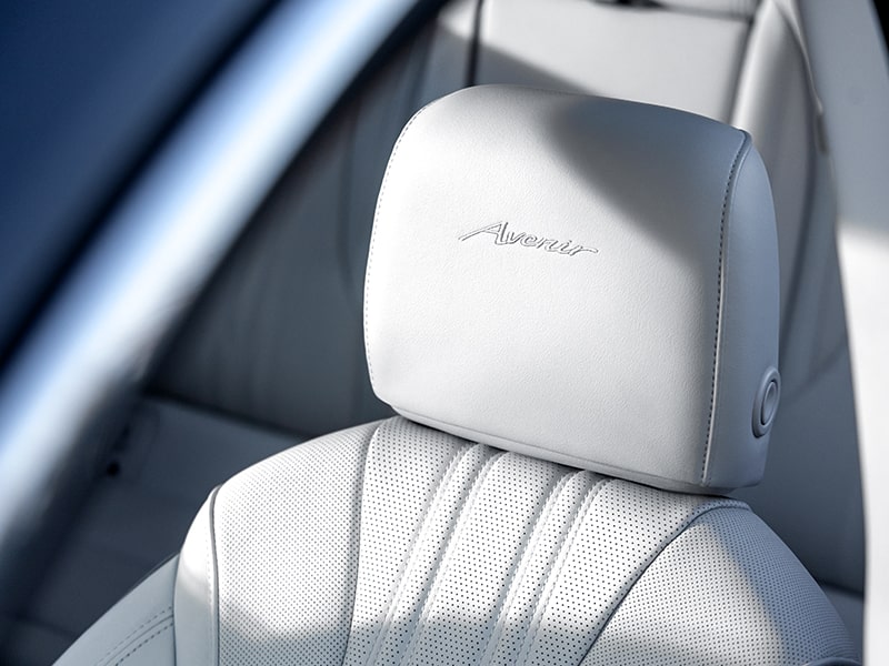 Close-up of the "Avenir" Stitching on the Seat Headrest in a 2025 Buick Envision Avenir Compact Luxury SUV.