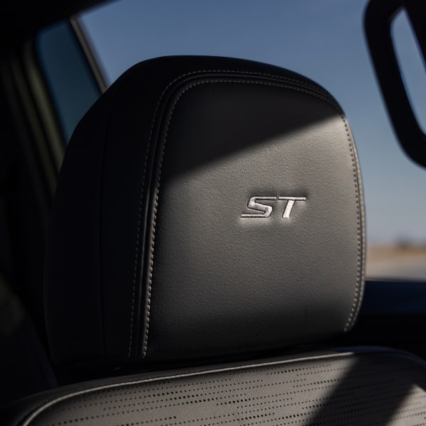 Close up view on the black leather headrest on the 2025 Buick Enclave ST.