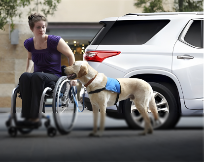 Une personne en fauteuil roulant à côté d'un véhicule GM, admissible au Programme de Mobilité de GM.